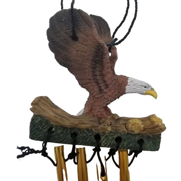 Wind Chimes Eagle Wings Spread Sunbathing on Branch Metal Rod Resin - Picture 2 of 6